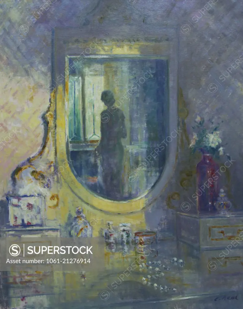 Impressionist interior composition with mirror reflected female figure .