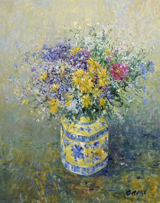 Arrangement Of Cut Flowers In Yellow Oriental Jar.  Charles Neal (b.1951 British) Oil On Canvas
