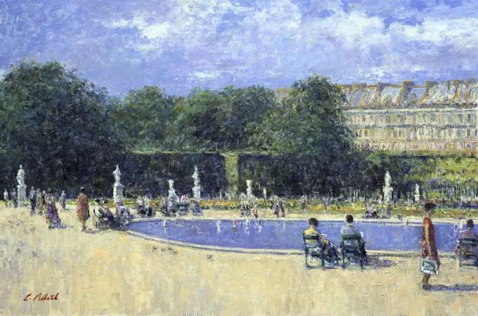Sailing in the park, Jardin des Tuileries, Paris, France, Charles Neal, (b.1951/British), Oil on canvas