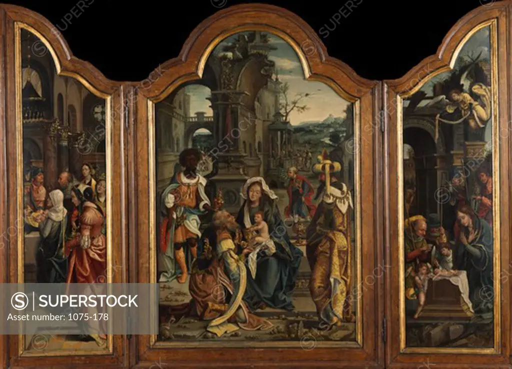Triptych Altarpiece: The Nativity,  Adoration of the Kings,  The Presentation at the Temple by Pieter Coecke van Aelst,  (1502-1550),  USA,  Florida,  Jacksonville,  The Cummer Museum of Art and Gardens