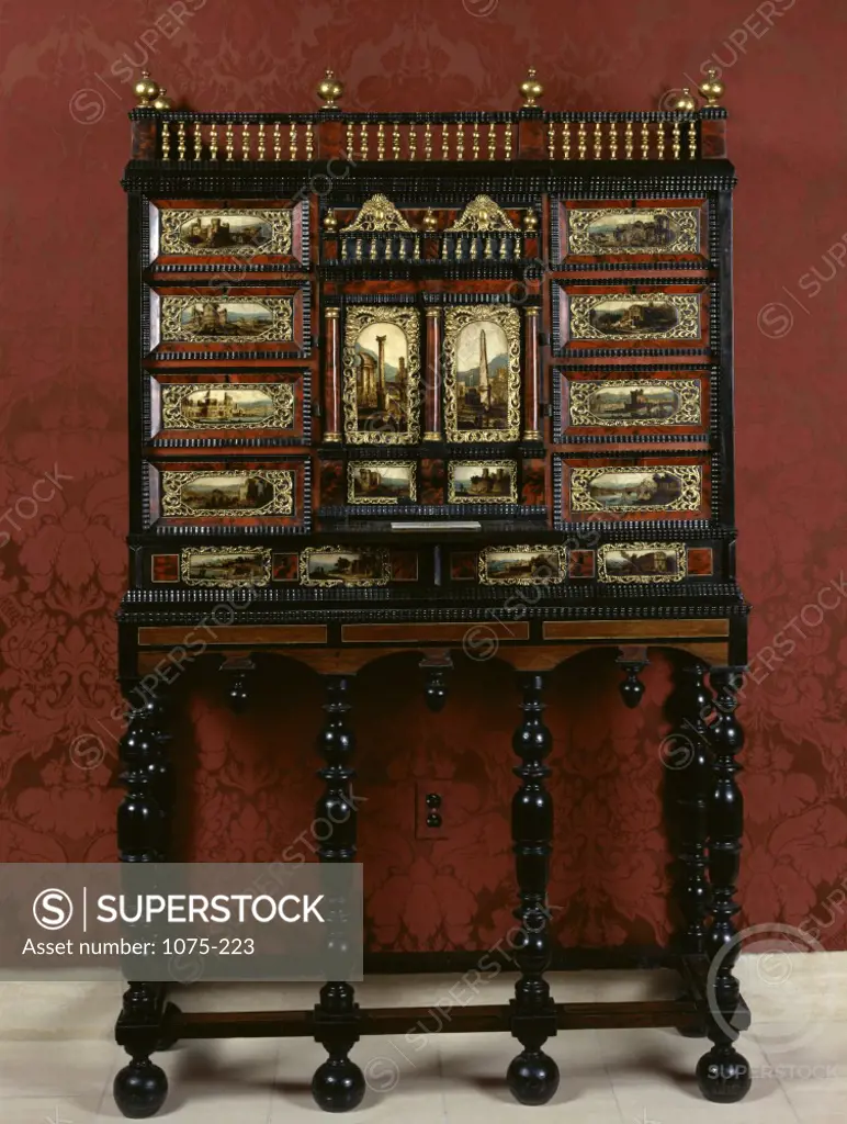 Cabinet In Stand  ca. 1650 Flemish Antiques-Furniture Veneered with Tortoiseshell and Ebony Cummer Museum of Art & Gardens, Jacksonville, FL 