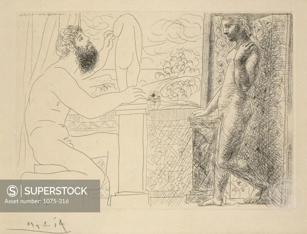 Sculpture et son modele devant une fenetre by Pablo Picasso, etching, 1933