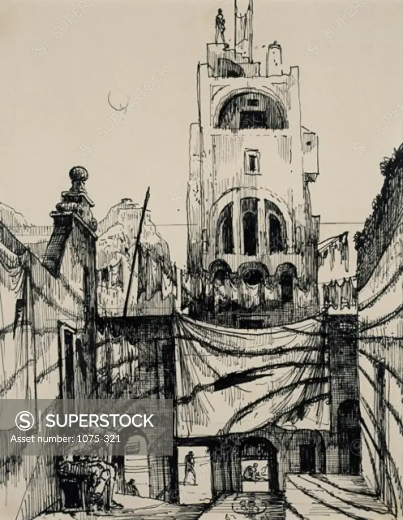 Street Scene, Capri by Eugene Berman, pen and ink drawing, 1958