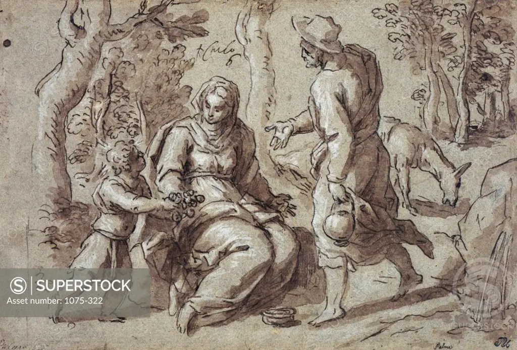 Rest on the Flight to Egypt  c. 1620,  Palma Giovane (Jacopo Negretti) 1544-1628 /Italian  Pen, Ink and Watercolor  The Cummer Museum of Art and Gardens, Jacksonville, Florida 