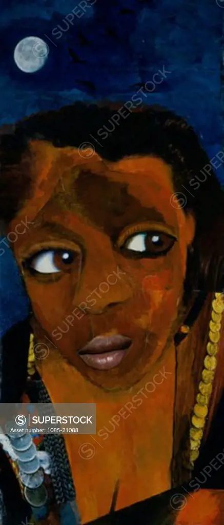 Woman By Moonlight 1997 Elizabeth Barakah Hodges (21st C. American) Acrylic+Collage on Canvas