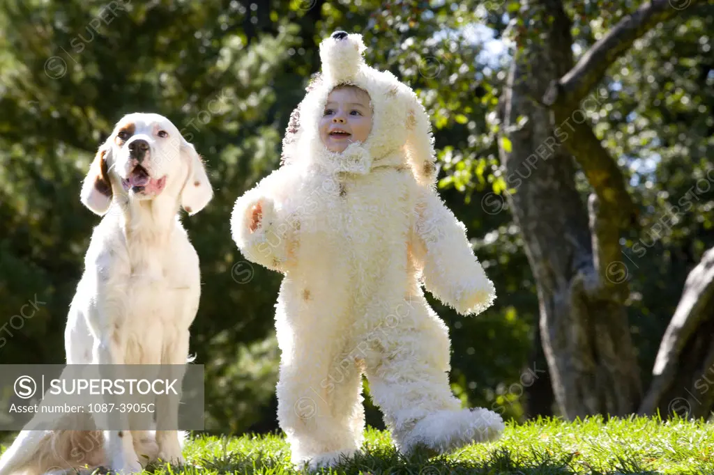 Girl wearing a dog costume and playing with a dog