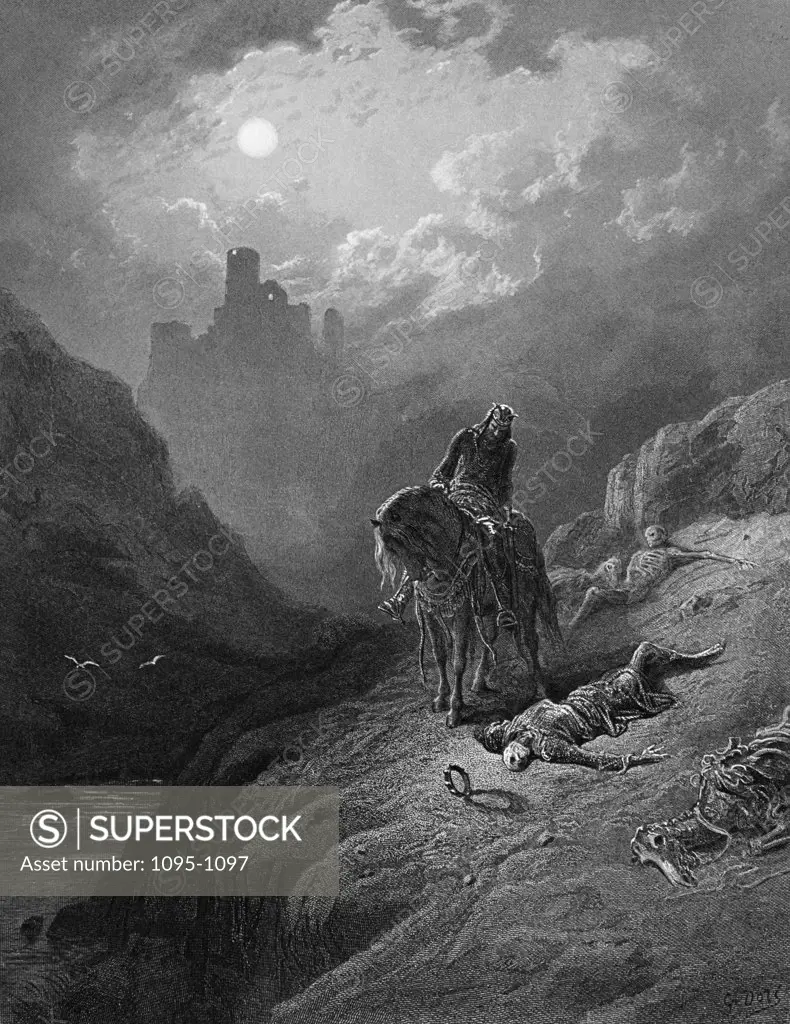 King Arthur discovering skeletons of the brothers,  by Gustave Dore,  from Idylls of the King,  (1832-1883)