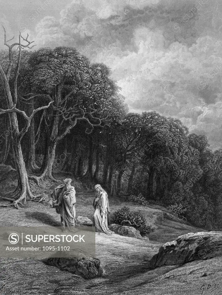 Vivien and Merlin enter the woods,  by Gustave Dore,  from Idylls of the King,  (1832-1883),  USA,  Illinois,  Chicago,  Newberry Library