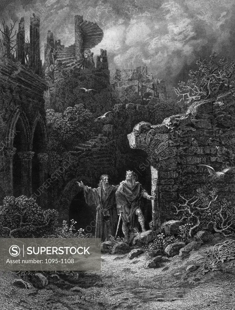 Yniol showing Prince Geraint ruined castle,  by Gustave Dore,  from Idylls of the King,  (1832-1883),  USA,  Illinois,  Chicago,  Newberry Library