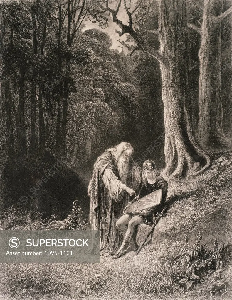 Merlin Paints the Young Knight's Shield (From Idlls of the King by Alfred Lord Tennyson) Gustave Dore (1832-1883 French) Newberry Library, Chicago 