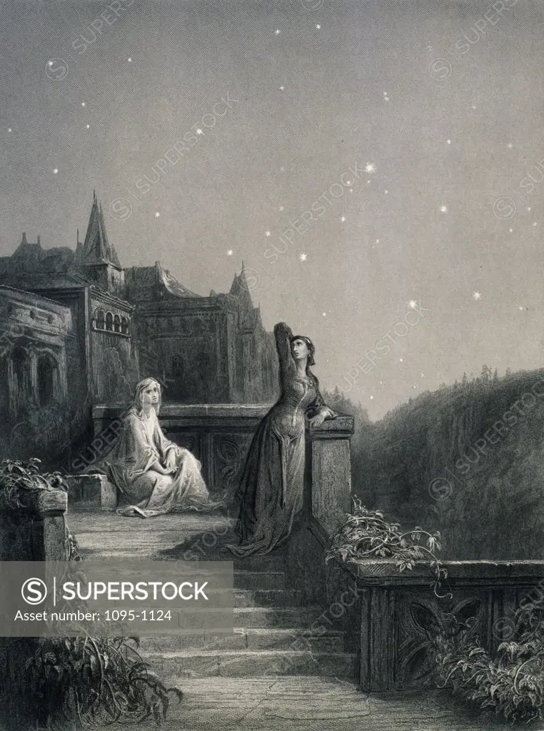Terrace scene with Guinevere,  by Gustave Dore,  from Idylls of the King,  (1832-1883),  USA,  Illinois,  Chicago,  Newberry Library