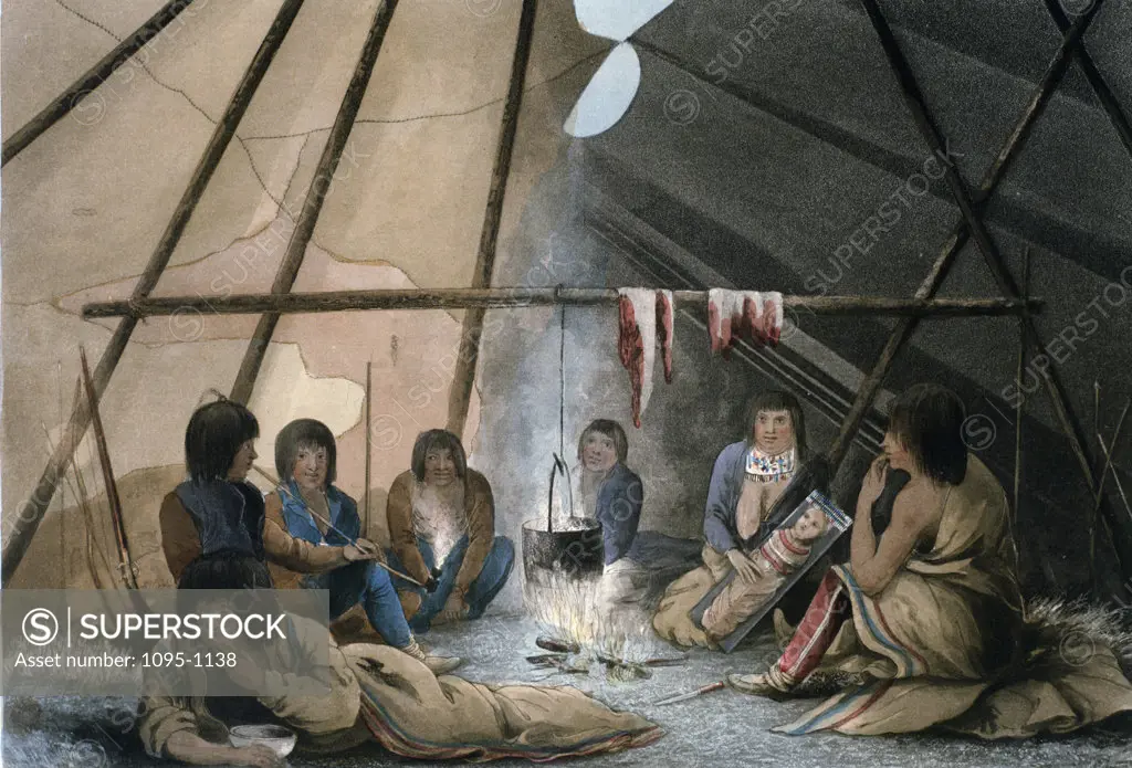 Interior of Cree Indian tent,  from Journey to the Shores of the Polar Sea,  by John Franklin,  engraving,  (1800-1868),  USA,  Illinois,  Chicago,  Newberry Library