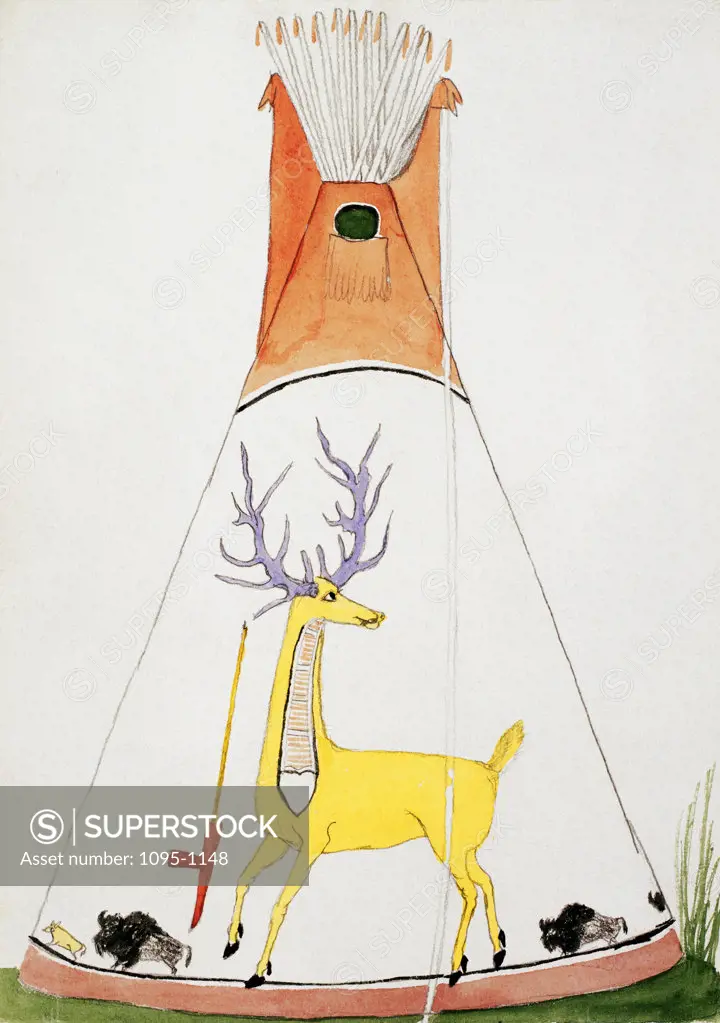 Teepee with Large Yellow Deer & Small Buffalo (From "Hawgone (Silver Horn)" Silverhorn (Native American 1861-1940) American History Newberry Library, Chicago 