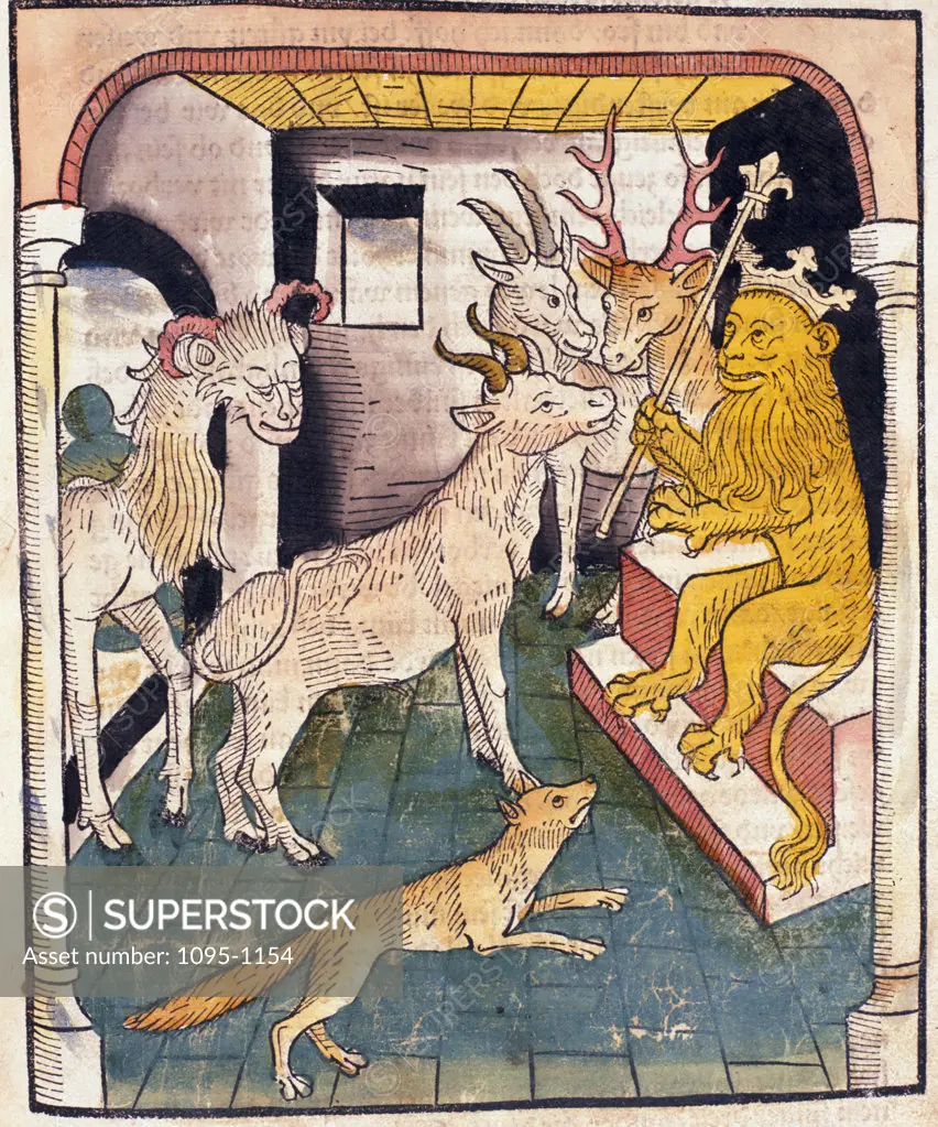 Lion King with Deer and Fox in court,  from Buch der Weisheit der Alten Weisen,  USA,  Illinois,  Chicago,  Newberry Library,  1483