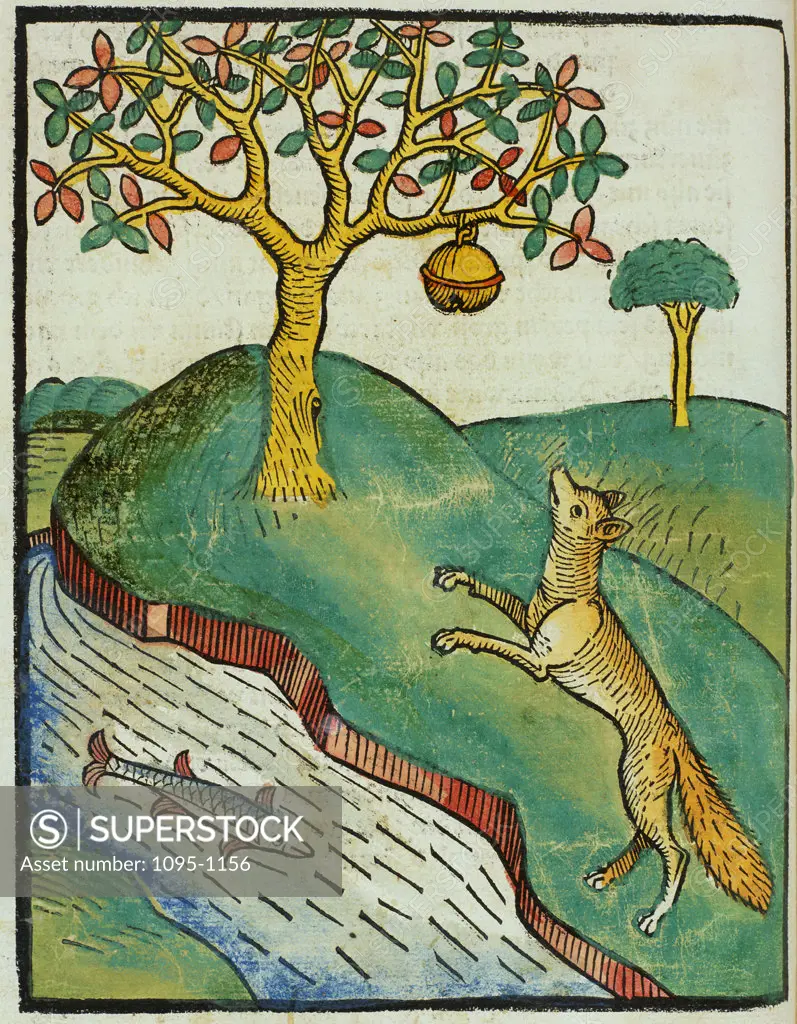 Fox Jumping for Beehive by a River with Fish (From "Buch Der Weisheit Der Alten Weisen") 1483 Artist Unknown Illustration Newberry Library, Chicago, Illinois, USA
