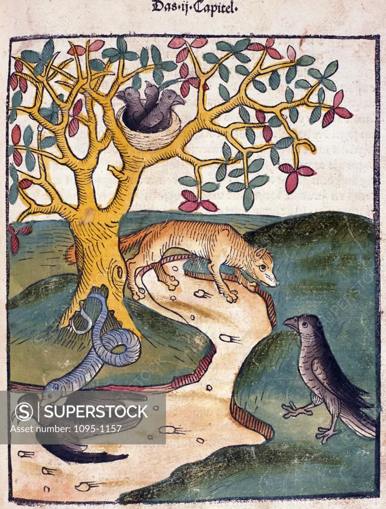 Snake biting bird with birds and Fox watching,  from Buch der Weisheit der Alten Weisen,  USA,  Illinois,  Chicago,  Newberry Library,  1483