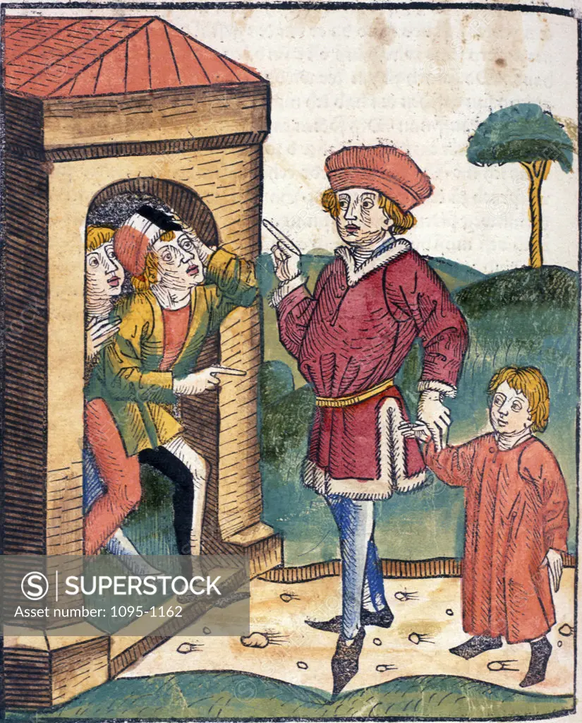 Man holding child's hand,  talking to another man,  from Buch der Weisheit der alten Weisen,  USA,  Illinois,  Chicago,  Newberry Library,  1483