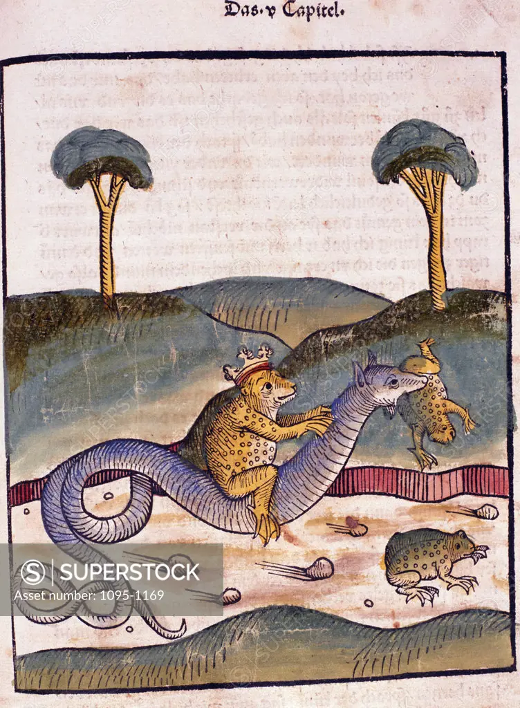 Frog wearing crown and riding Snake,  from Buch der Weisheit der Alten Weisen,  USA,  Illinois,  Chicago,  Newberry Library,  1483
