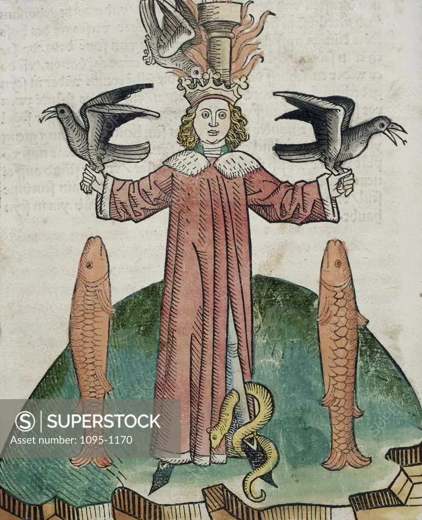 King Holding Birds With Serpant & Fish Beside Him (From "Buch Der Weisheit Der Alten Weisen") 1483 1483 Artist Unknown Illustration Newberry Library, Chicago, Illinois, USA 
