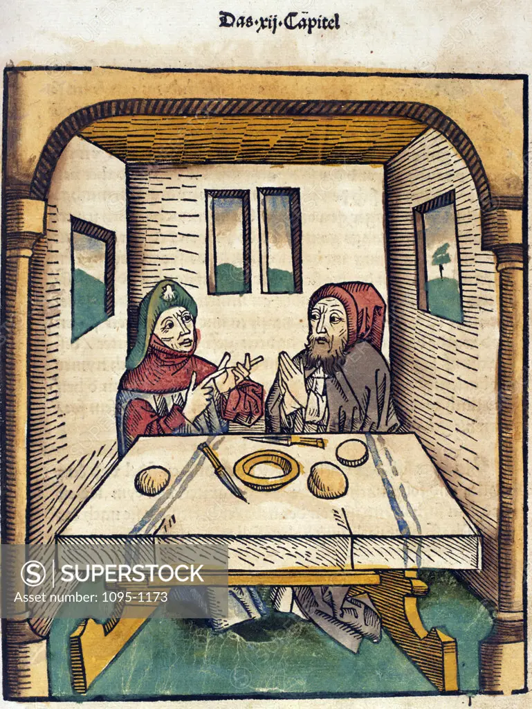 Men talking at table,  from Buch der Weisheit der alten Weisen,  USA,  Illinois,  Chicago,  Newberry Library,  1483