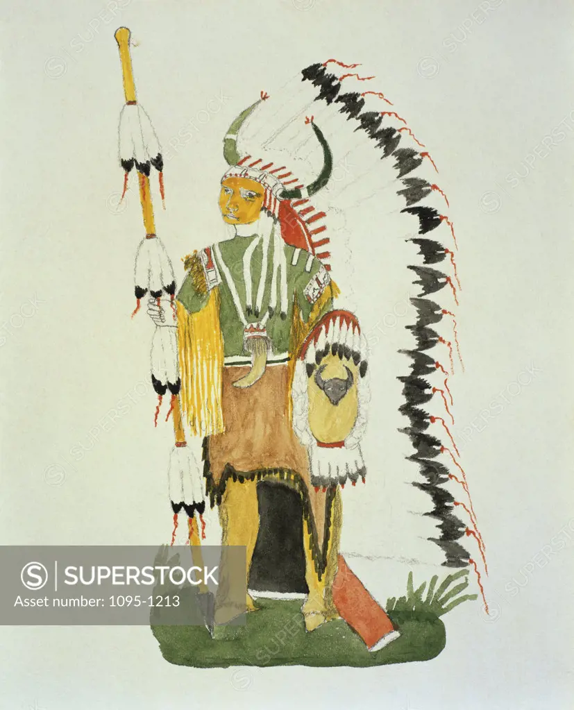 Chief With War Bonnet, Shield, & Lance From "Hawgone (Silver Horn)} c. 1880  Illustration Newberry Library, Chicago 