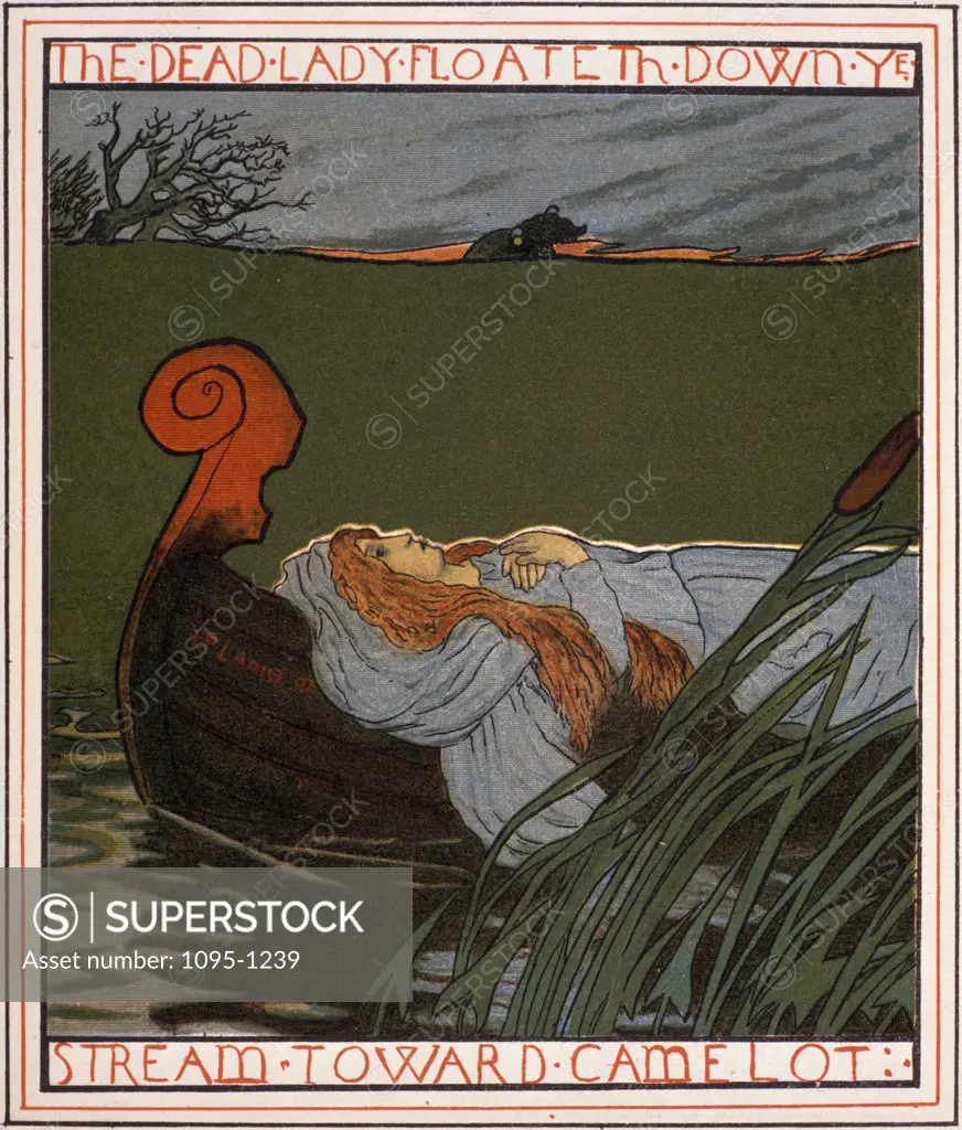 The Dead Lady Floateth Down Ye Stream Toward Camelot,  by Howard Pyle,  from The Lady of Shalott book by Alfred Tennyson,  (1853-1911),  USA,  Illinois,  Chicago,  Newberry Library