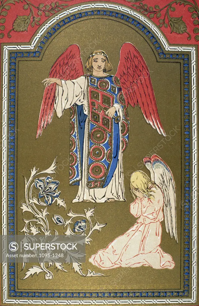 Angel with red wings hovering over mourning angel,  from Paradise and the Peri by Moore,  USA,  Illinois,  Chicago,  Newberry Library,  1860
