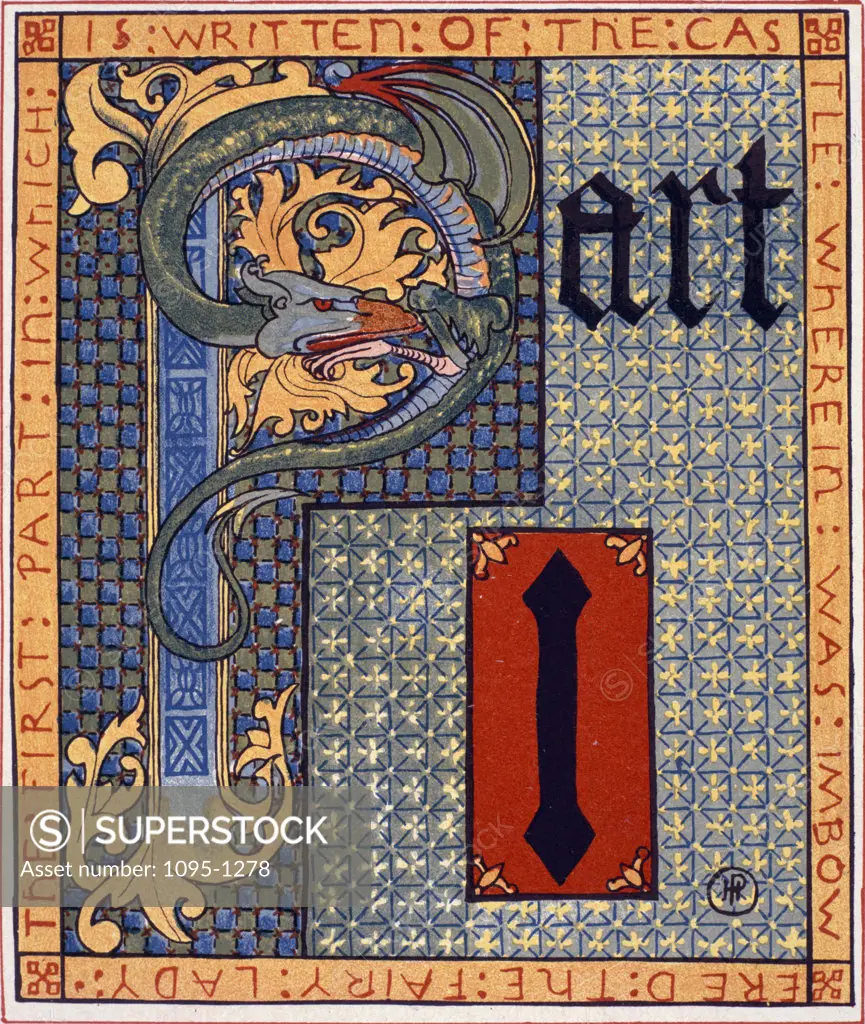 Part I Illuminated Large P with Serpent by Howard Pyle from The Lady of Shalott by Alfred Tennyson,  (1853-1911),  Newberry Library,  Chicago