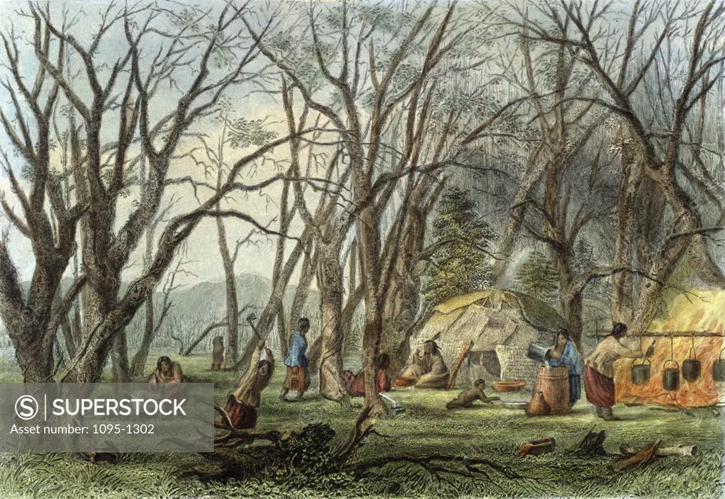 Indian Sugar Camp by Seth Eastman, from ""The American Aboriginal Portfolio"" by Mary Eastman, 1853, (1808-1878), USA, Chicago, Newberry Library