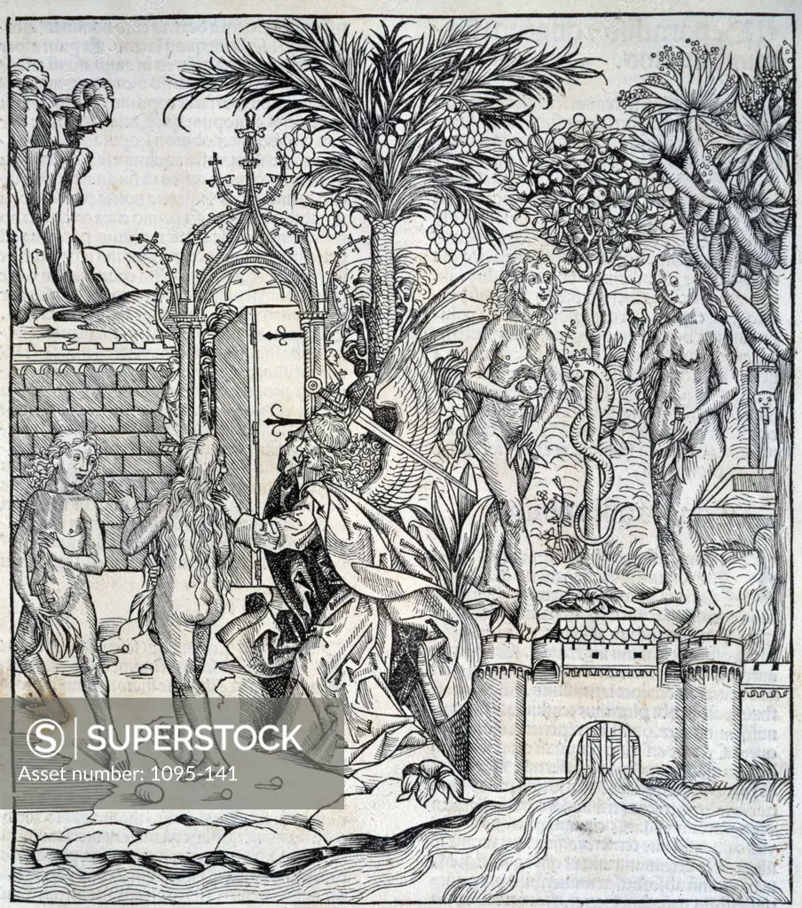 The Temptation of Adam and Eve by Hartmann Schedel from the Nuremburg Chronicles,  1440-1514,  USA,  Chicago,  Newberry Library