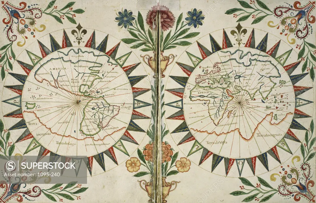 The World Shown in Two Hemispheres Forming the Center of a Large Compass Rose From Portolan Atlas of Six Charts 1636 Giovanni Oliva Newberry Library, Chicago, Illinois, USA 