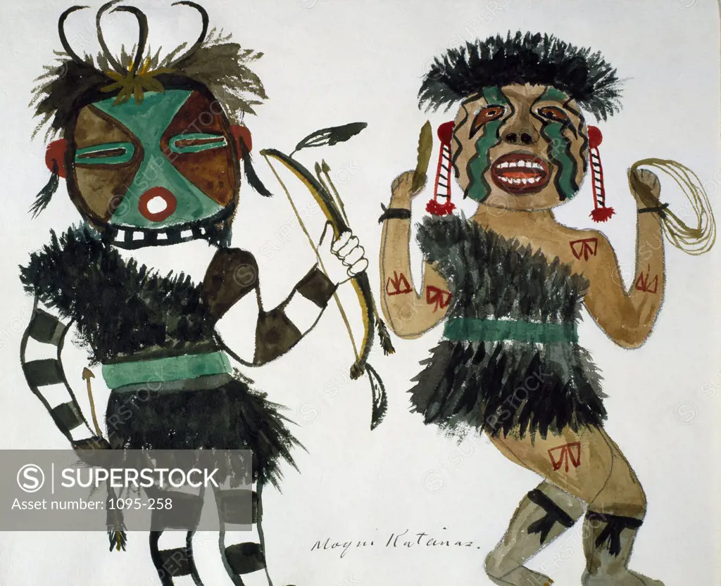 Hopi Kachinas - Man with Buffalo Mask and Coat, Bow and Arrow, and Man with Buffalo Hat and Coat, Dagger, Rope, and Body Paint  c. 1905  Artist Unknown  Native American Newberry Library, Chicago 