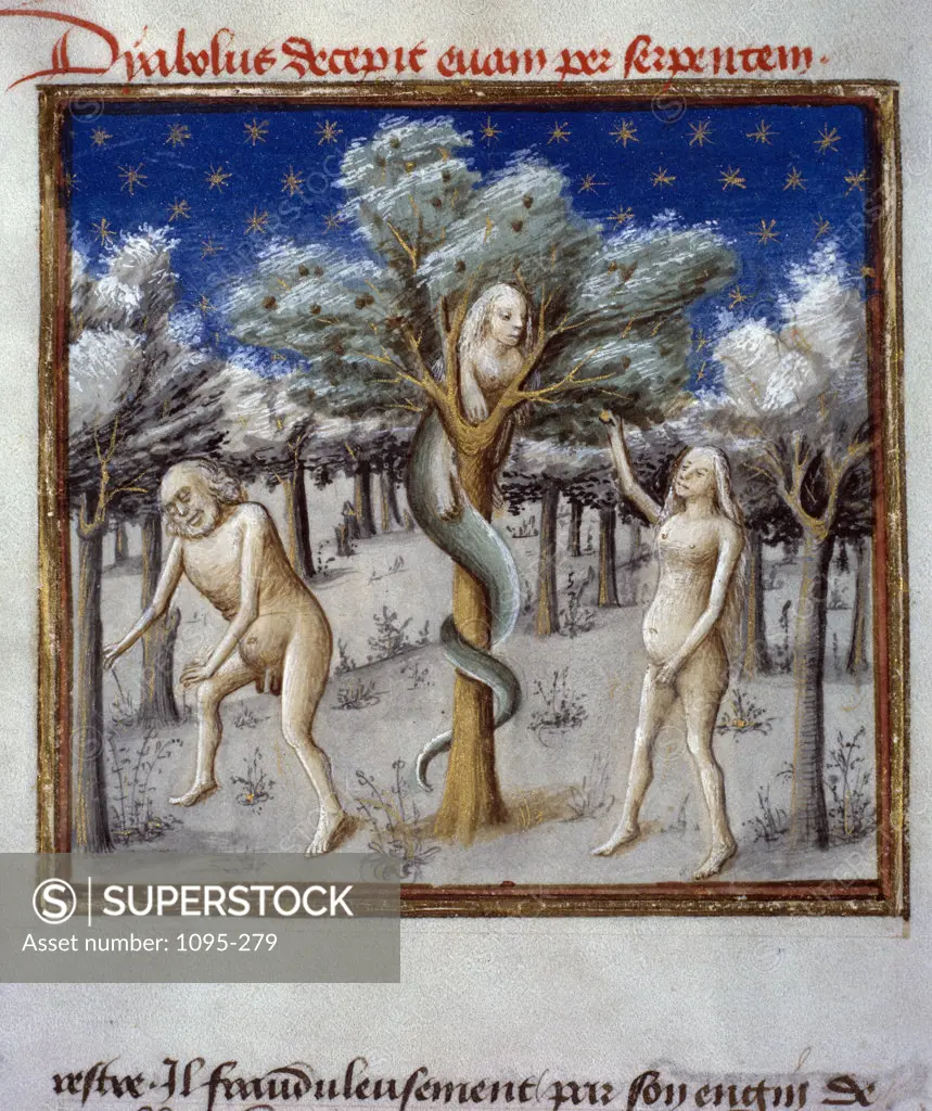 Adam and Eve with the Serpent from Speculum Humanae Salvationis by Ludolf of Saxony,  1455,  15th century,  USA,  Chicago,  Newberry Library
