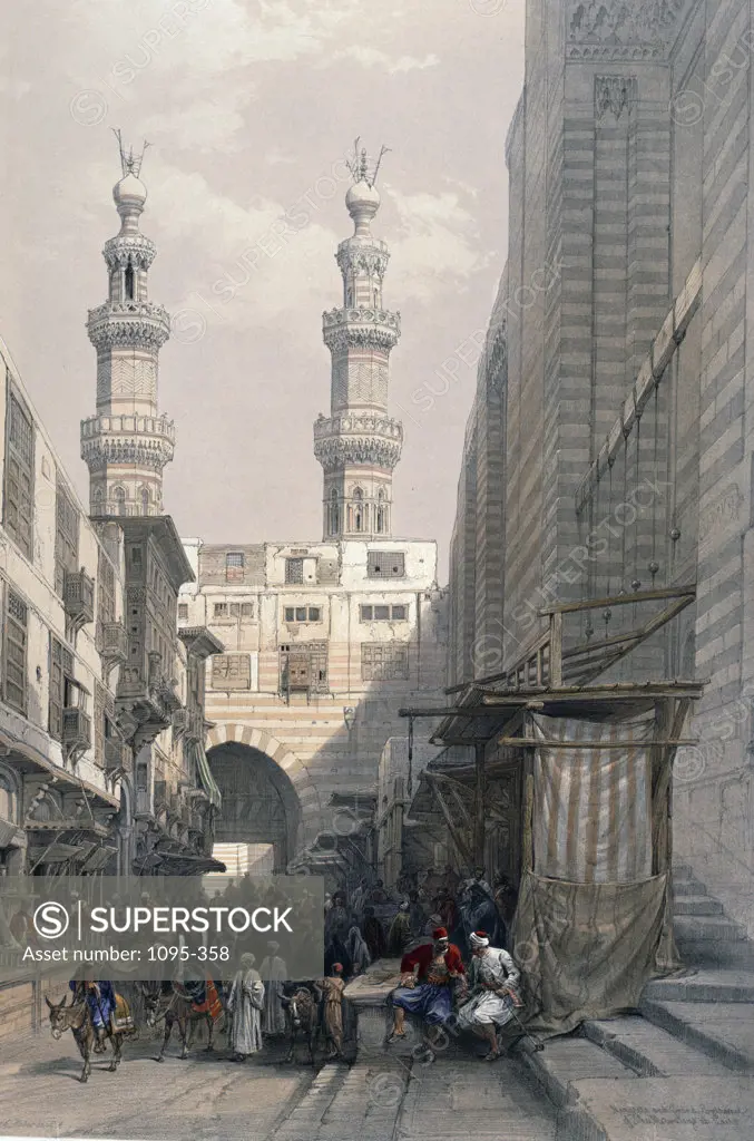 Minarets at Bab Zuweyleh,  and entrance to Mosque of the Metwalis,  Cairo,  Egypt and Nubia,  by David Roberts,  1846-49,  (1796-1864),  USA,  Illinois,  Chicago,  Newberry Library