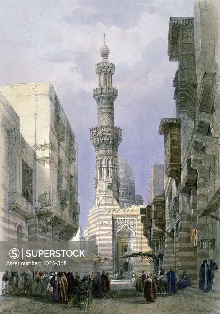 Bazaar in street leading to El-Mooristan Mosque,  Cairo,  from Egypt and Nubia,  by David Roberts,  (1796-1864),  USA,  Illinois,  Chicago,  Newberry Library