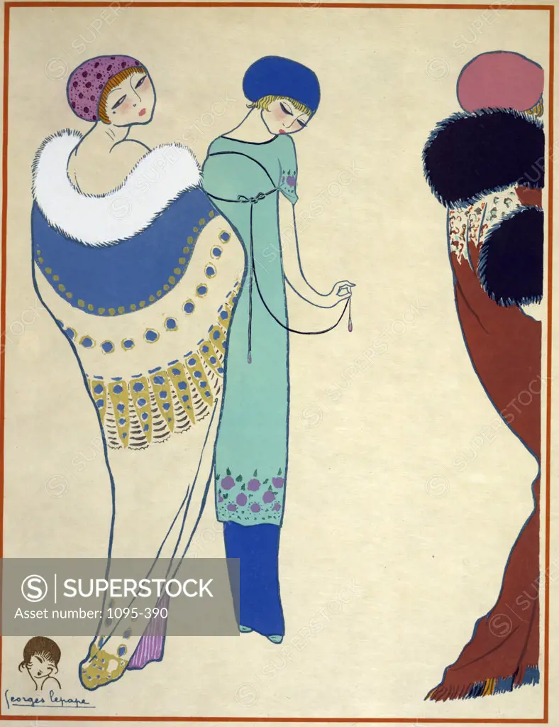 Three women wearing cloaks and decorated shawl,  from French Advertisment Pieces,  Irbie,  Barbier and Lepape,  USA,  Illinois,  Chicago,  Newberry Library,  1911