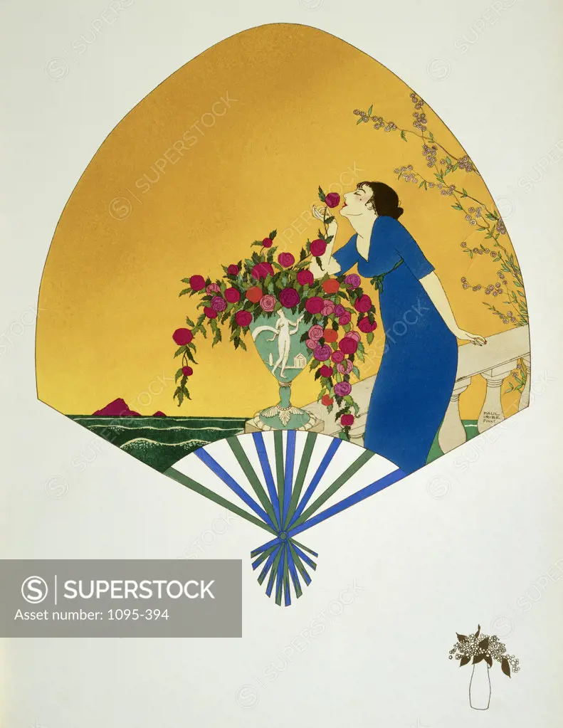 Fan: Woman On Balcony Smelling Rose 20Th Century Advertisement Pieces 1911 Iribe, Barbier, and Lepape(19th C- French) Newberry Library, Chicago, Illinois, USA 