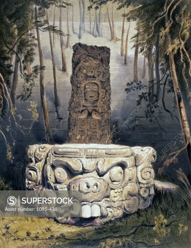 Idol and Altar, at Copan 1844 From "Views of Ancient Monuments in Central America, Chiapas and Yucatan" Frederick Catherwood (1799-1854 British) Color Lithograph 