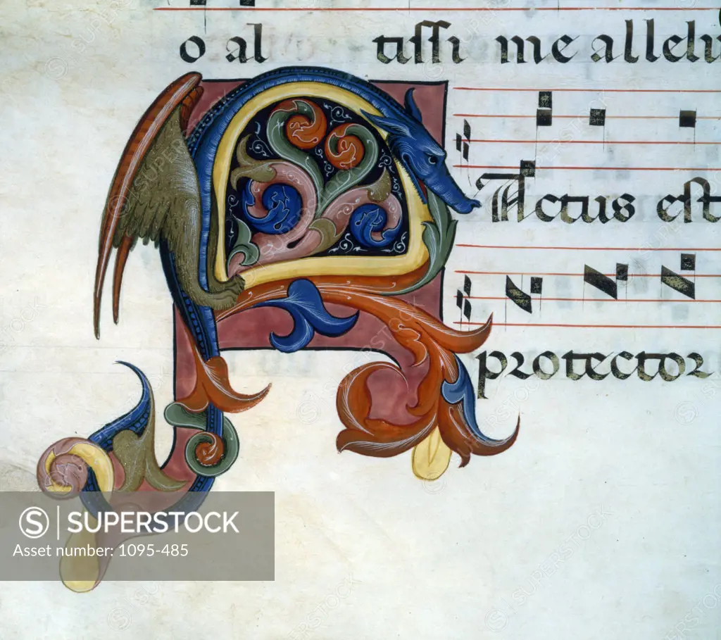 Close up of illuminated manuscript with dragon,  Chicago,  Newberry Library