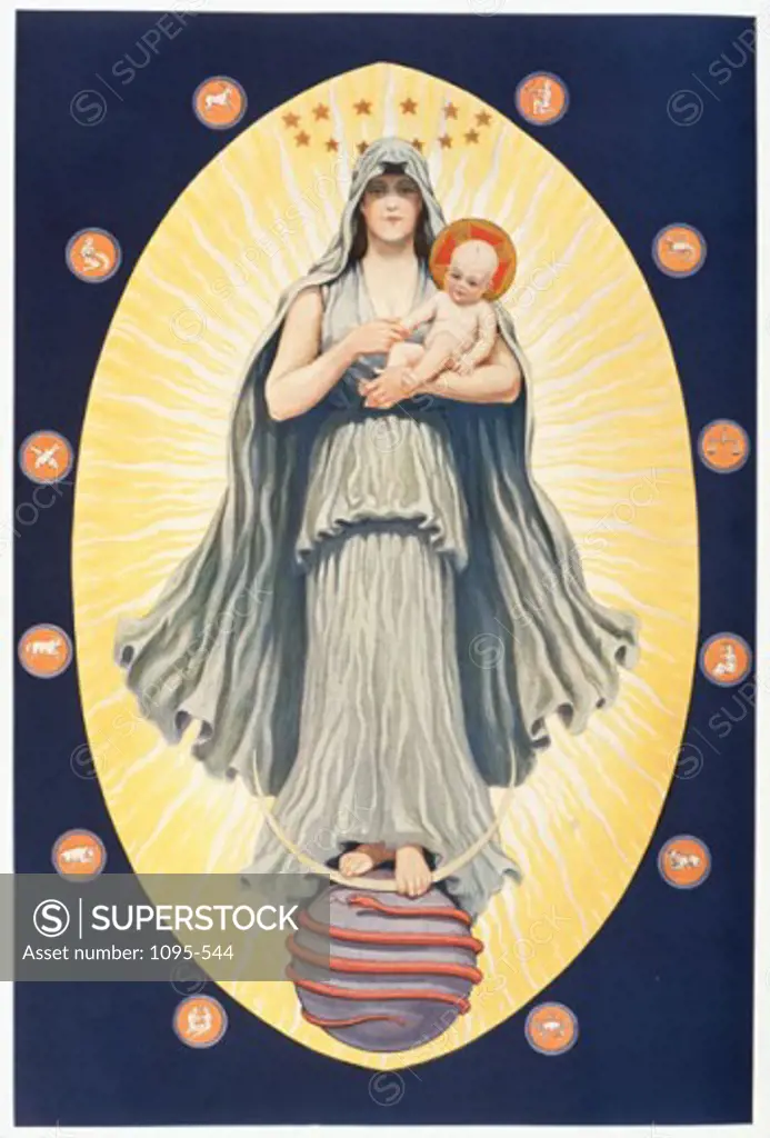 Illustration from Rosicrucian Symbolical Philosophy depicting Celestial Virgin with Sun God in her Arms by J. August Knapp, 1928