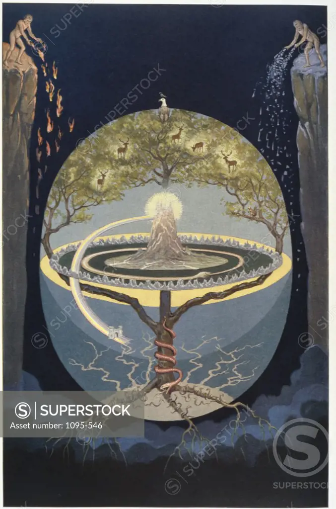Illustration from Rosicrucian Symbolical Philosophy depicting Yggdrasil Tree the World Tree by J. August Knapp, 1928 (1853-1938)