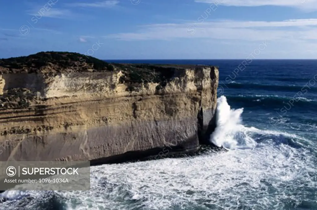 High angle view of waves breaking on the coast, Port Campbell National Park, Victoria, Australia