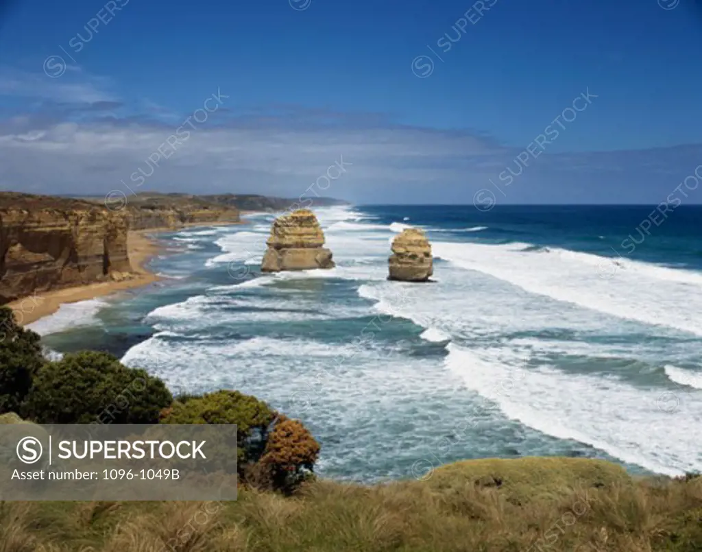 High angle view of rocks on the beach, Twelve Apostles, Port Campbell National Park, Victoria, Australia