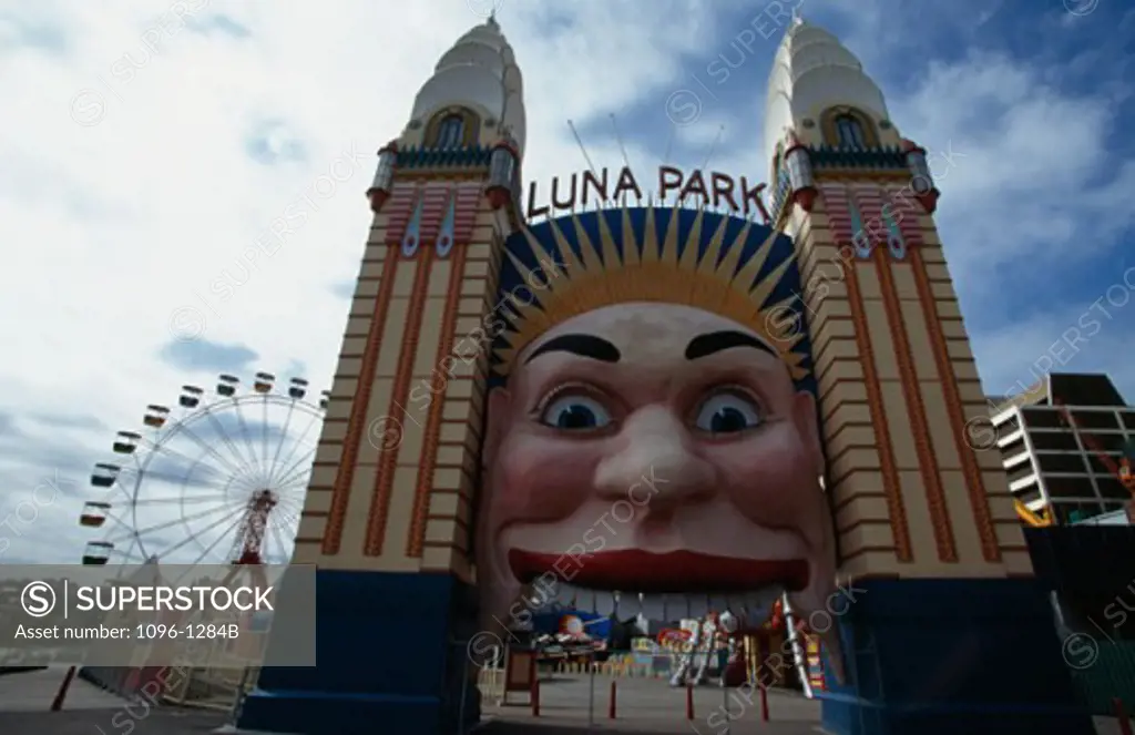 Low angle view of the entrance to an amusement park, Luna Park, Sydney, New South Wales, Australia