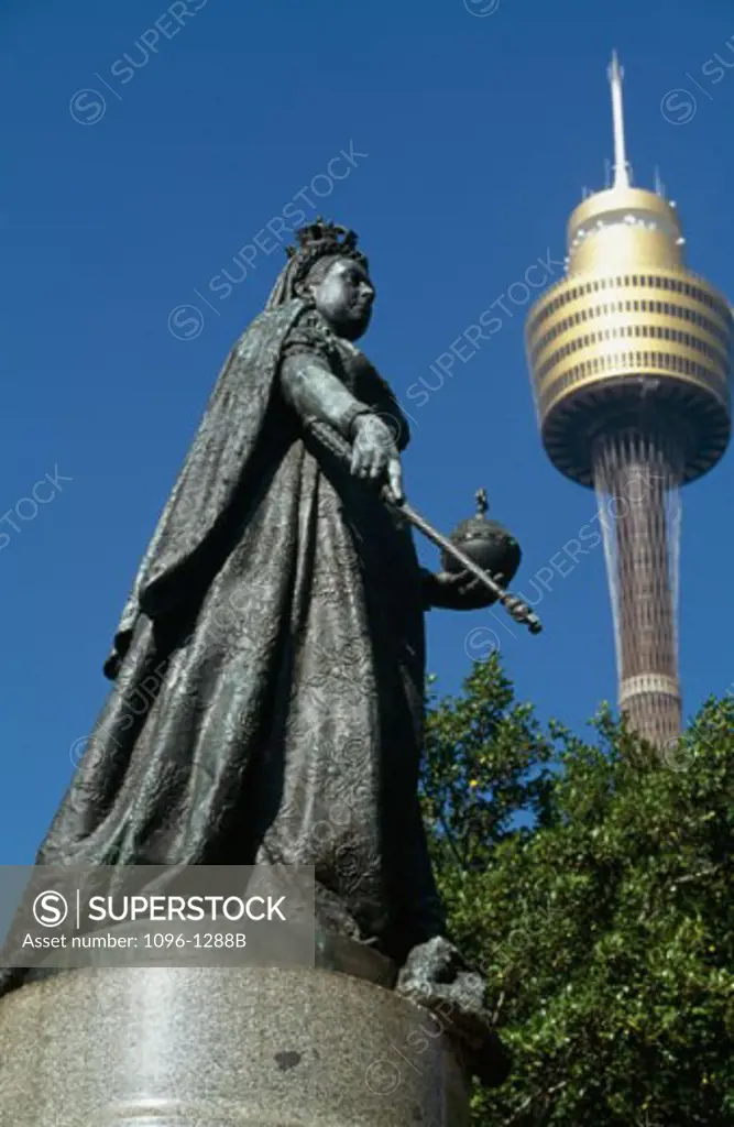 Low angle view of a statue and a tower, Amp Tower, Sydney, New South Wales, Australia