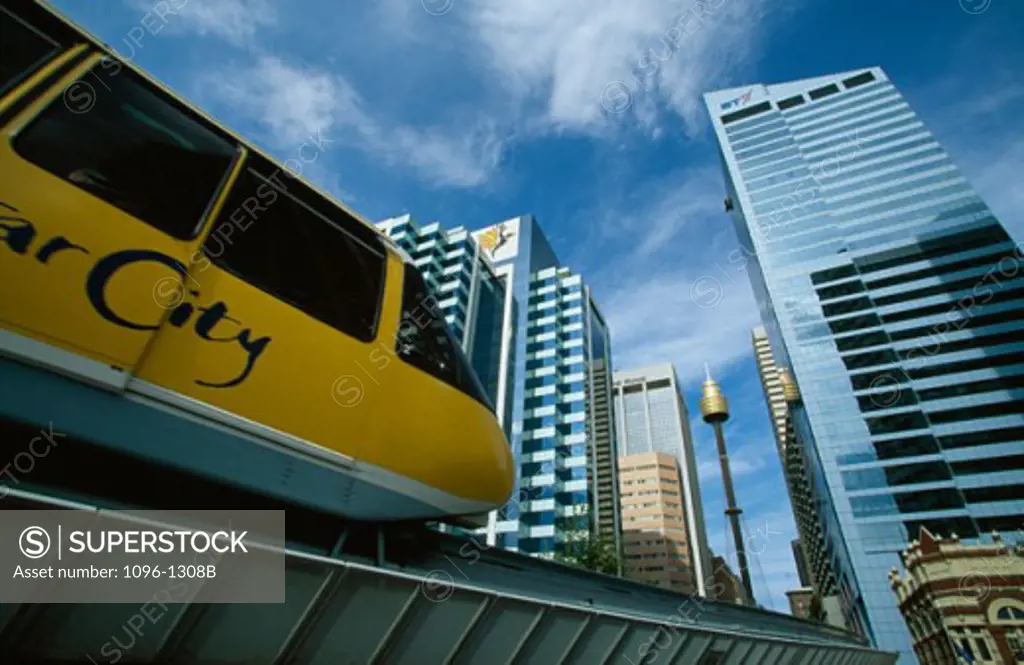 Low angle view of a monorail on a track, Sydney, New South Wales, Australia
