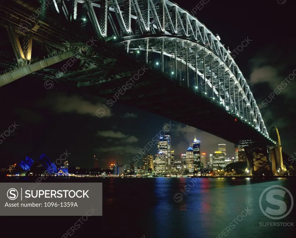 Sydney Harbor Bridge lit up at night, Sydney, Australia