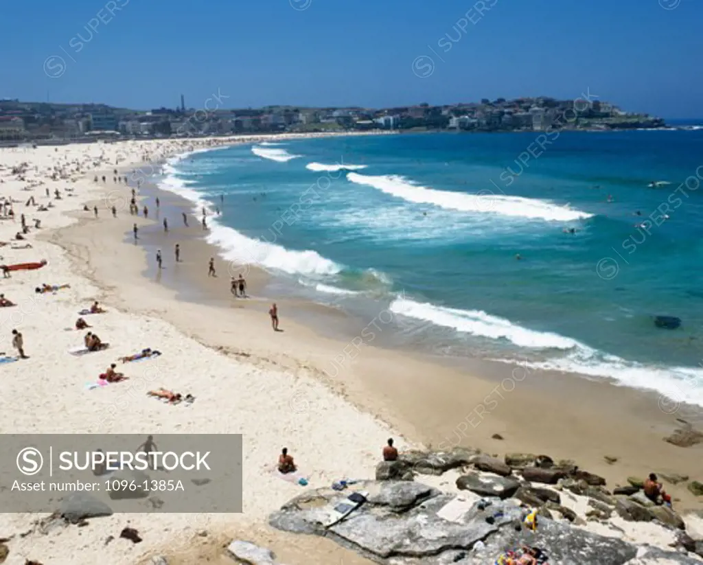 High angle view of tourists on the beach, Sydney, New South Wales, Australia