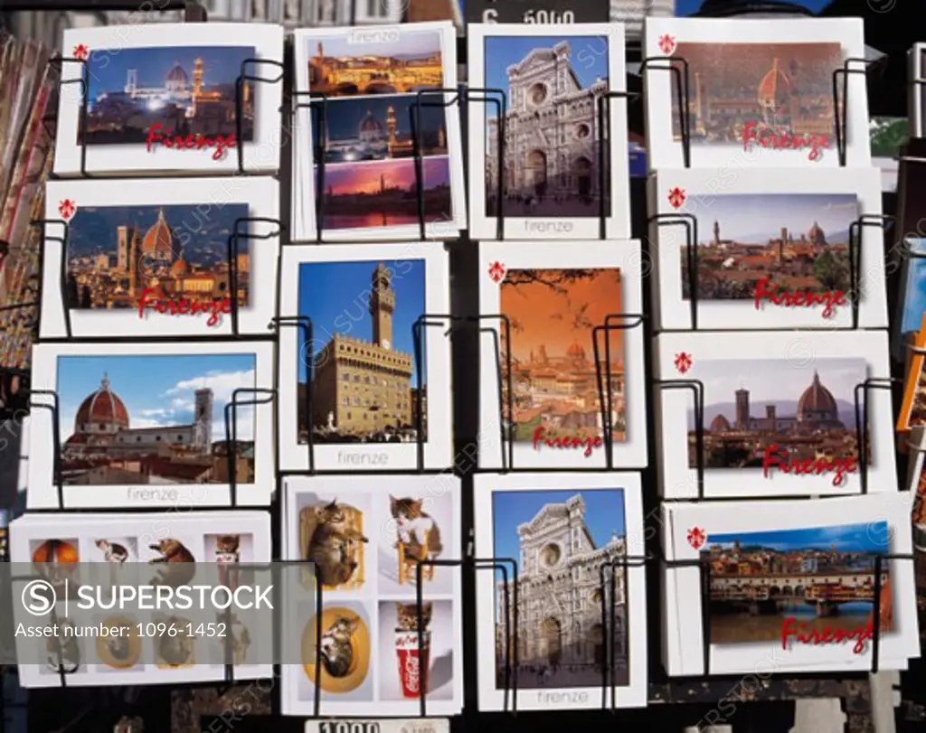 Close-up of a postcard rack, Florence, Italy