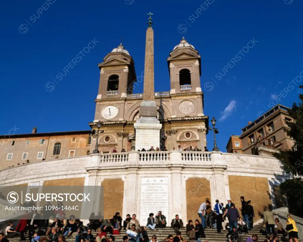 Low angle view of an obelisk in front of a church, Trinita dei Monti, Rome, Italy